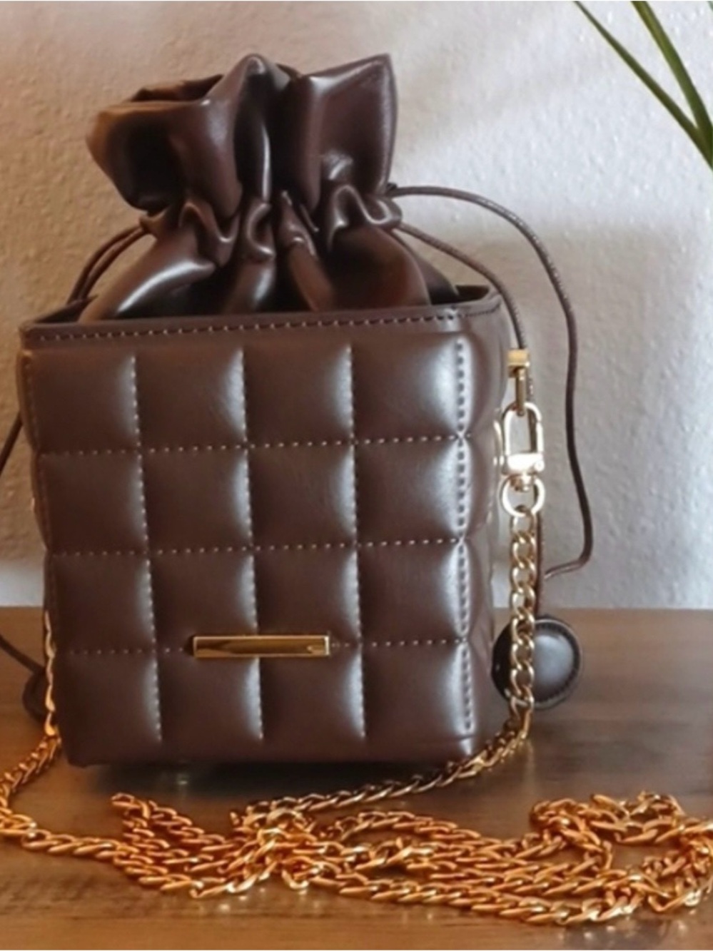Quilted Tissue Box Shape Drawstring Crossbody Bag in Brown